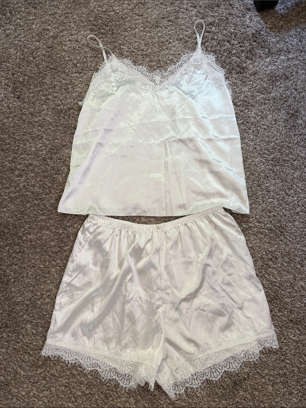 SHEIN White Satin Lace Trim Cami & Shorts Sleep Set